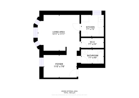 Floor plan for 1 bed, 1 bath, 400 sqft